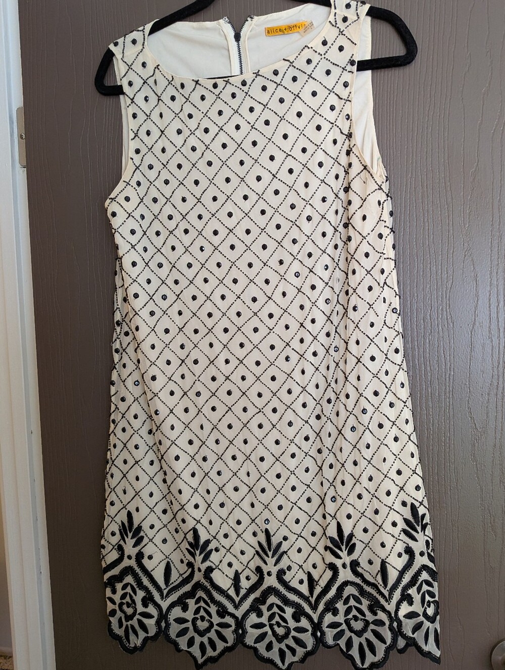 Alice + Olivia Cream Dress with Black Beaded Embroidered Lattice & Floral Hem